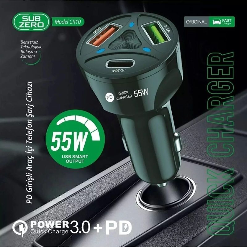 Cr10 3 Çıkışlı Çakmaklık Şarj Seti Usb Type-c Car Charger 55w 3.0a Hızlı Şarj Pd/qc